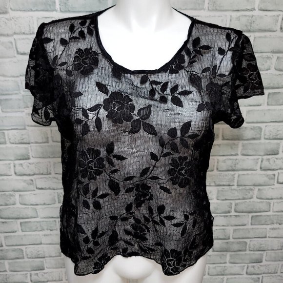 Vintage 80s 90s Sheer Burnout Floral Mesh Popover Short Sleeve‎ Top Grunge - Picture 3 of 6